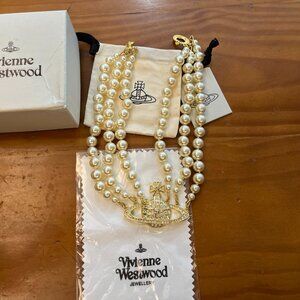 Vivienne Westwood Style Three Row Triple Layer Pearl Gold Necklace
